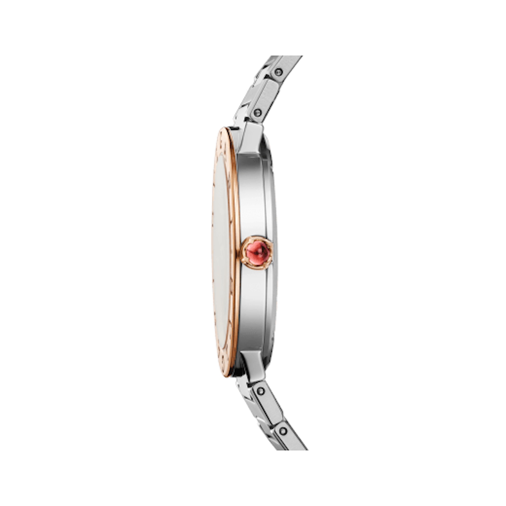 Bvlgari Bvlgari x Lisa限量款采用不锈钢材质制作表壳、链带,并以玫瑰金打造表圈与表冠等零件,其中表冠特别镶上1颗蛋面切割红碧玺,展现手表的与Lisa呼应的高雅气质。 (BVLGARI官网) Bvlgari Bvlgari x Lisa限量款采用不锈钢材质制作表壳、链带,并以玫瑰金打造表圈与表冠等零件,其中表冠特别镶上1颗蛋面切割红碧玺,展现手表的与Lisa呼应的高雅气质。 (BVLGARI官网)